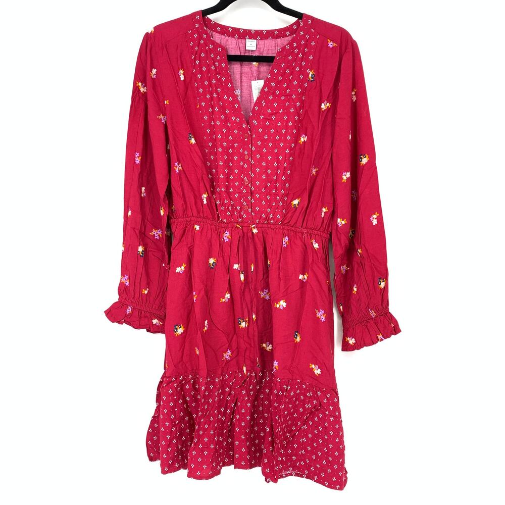 Old Navy Women's Size Medium Boho Peasant Long Sleeve Dress Red Floral Print NWT